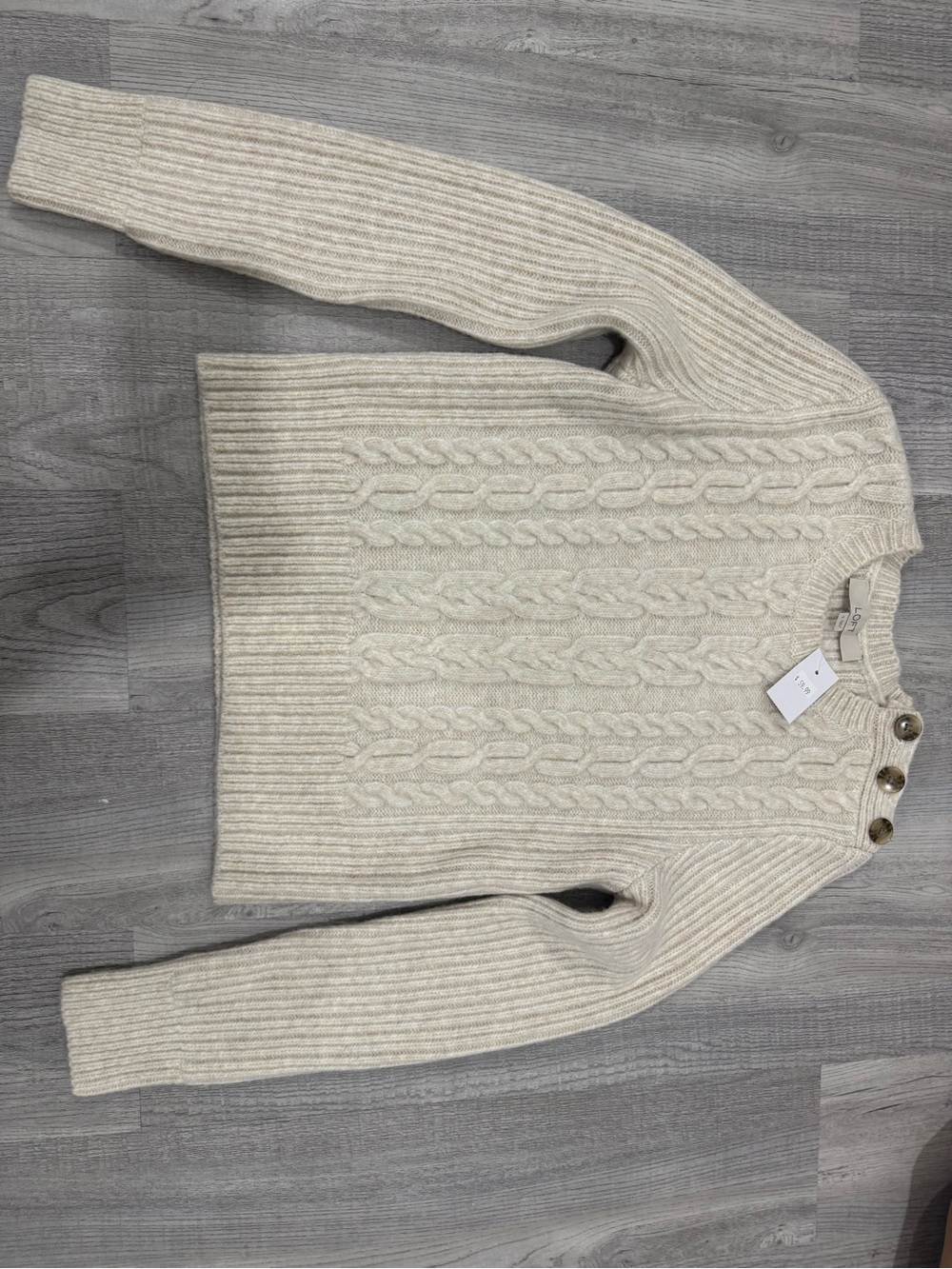 LOFT Cream Cable-Knit Button-Shoulder Sweater